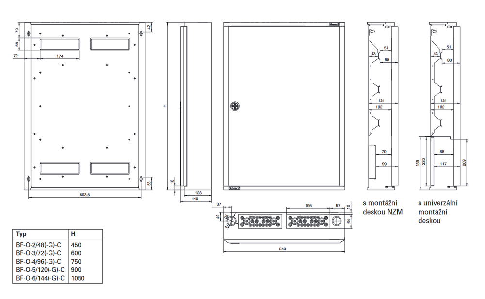 BF-O-5/165-C Rozvodnice, NA omítku, bílé dveře, N/PE svorkovnice, 5 řad, 165 modulů (103092)