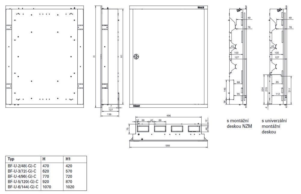 BF-U-5/120-C Rozvodnice, POD omítku, bílé dveře, N/PE svorkovnice, 5 řad, 120 modulů  (283050)