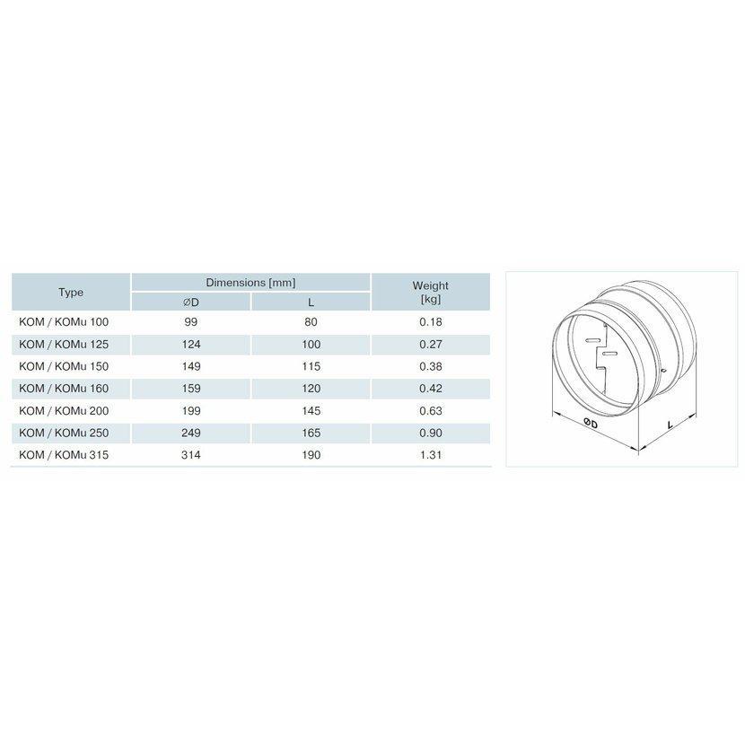 VENTS KOM 160 vzduchovod kovový Zn-Spojka s klapkou 160mm
