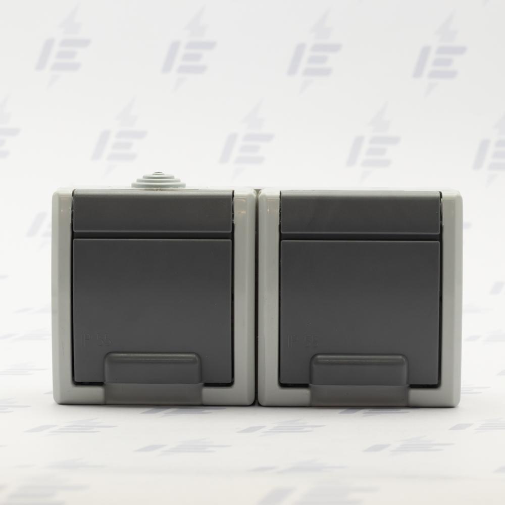 19083 ATLAS IP55 Zásuvka 2x 2P+PE, 2-násobná vodorovná s ochr. kolíkem, šedá