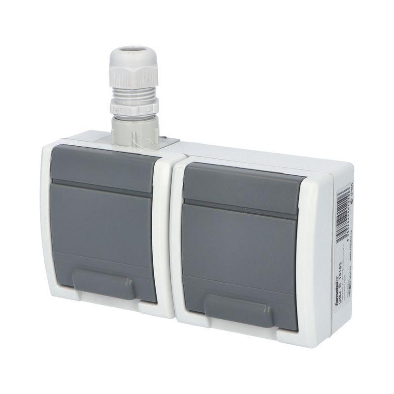 ATLAS IP65 Zásuvka 2x 2P+PE, 2-násobná vodorovná s vývodkou M20, na povrch, šedá