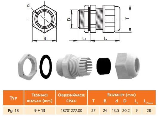 PG 13 Těsnící vývodka s maticí šedá, PG 13,5 (DK_PG-13-S/1)
