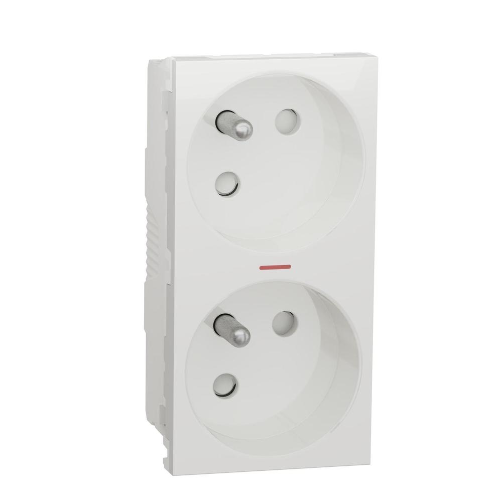 Unica - Zásuvka dvojitá 45º 250V/16A 2x2P+E kontrolka, clonky, bezšroubová, Bílá