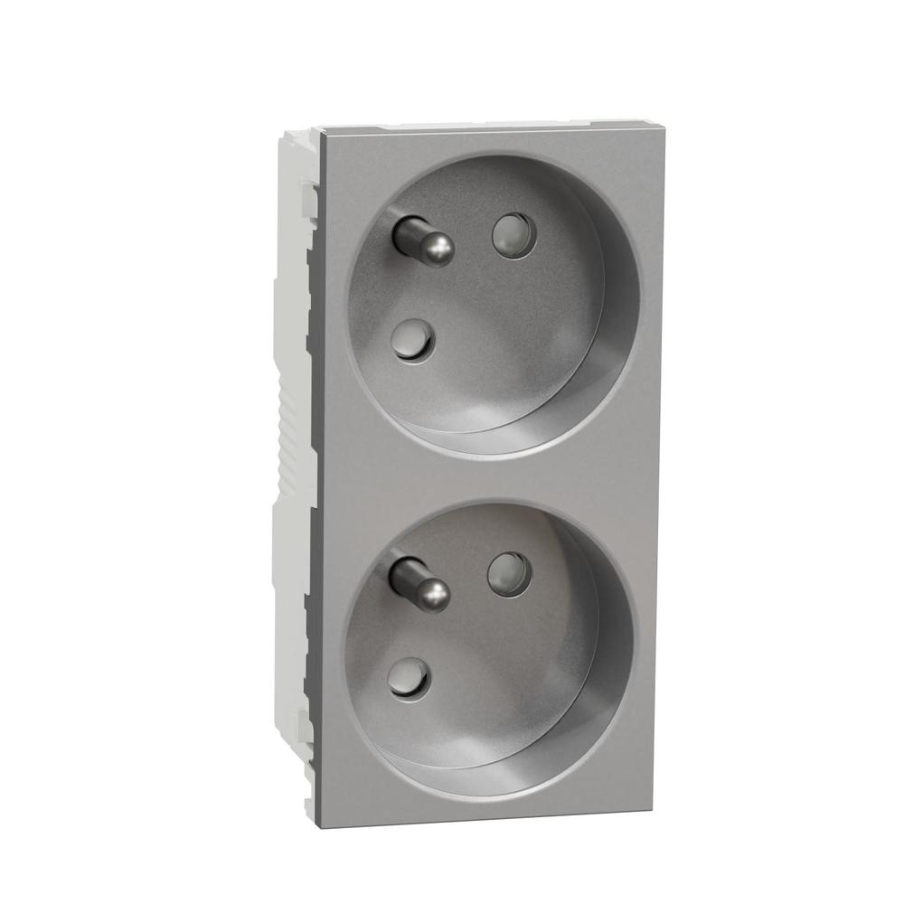 Unica - Zásuvka dvojitá 45º 250V/16A 2x2P+E, clonky, bezšroubová, Aluminium