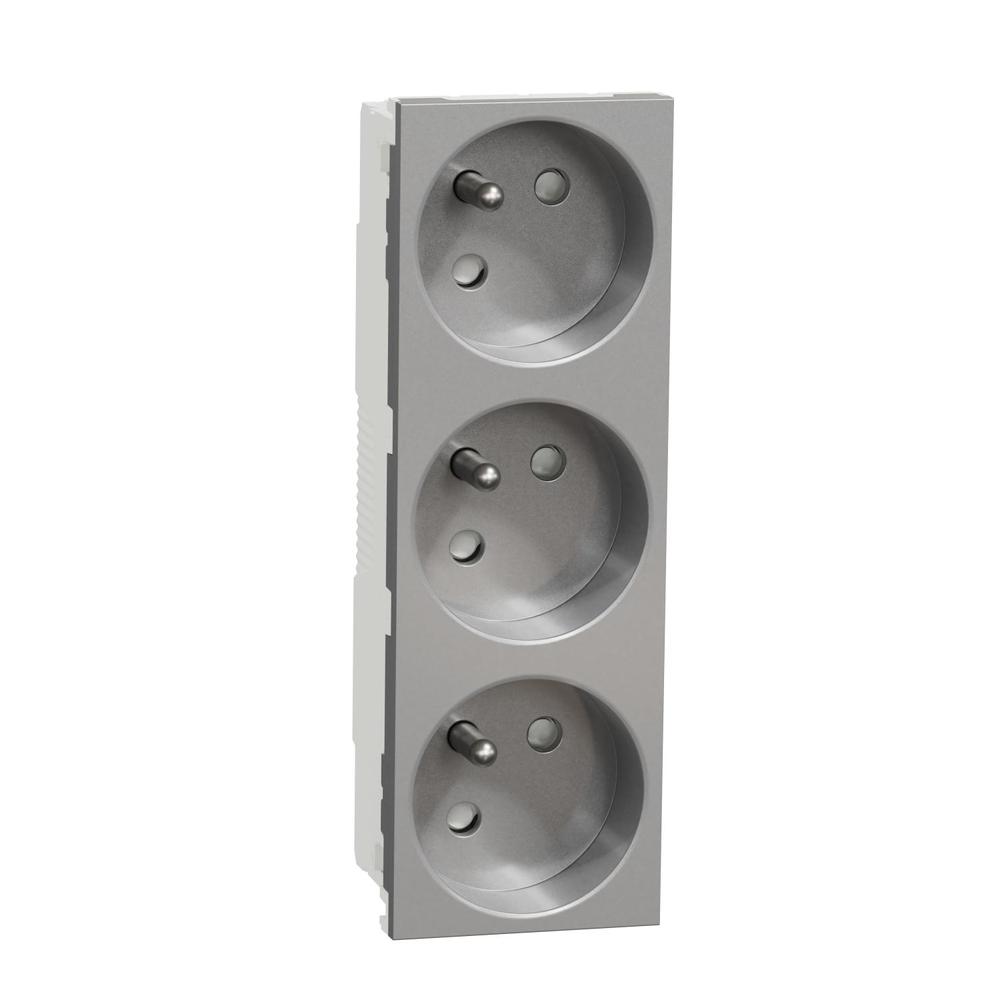 Unica - Zásuvka trojitá 45º 250V/16A 3x2P+E, clonky, bezšroubová, Aluminium