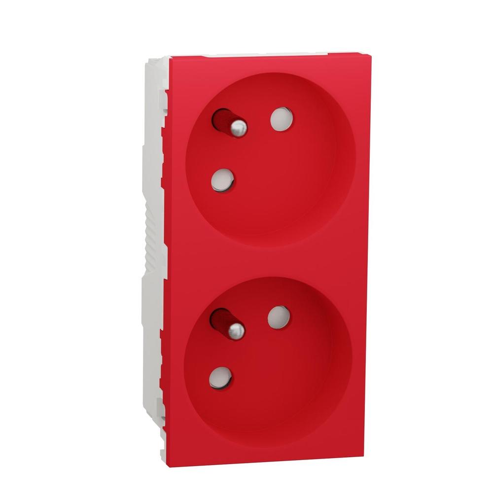 Unica - Zásuvka dvojitá 45º 250V/16A 2x2P+E, clonky, bezšroubová, Červená