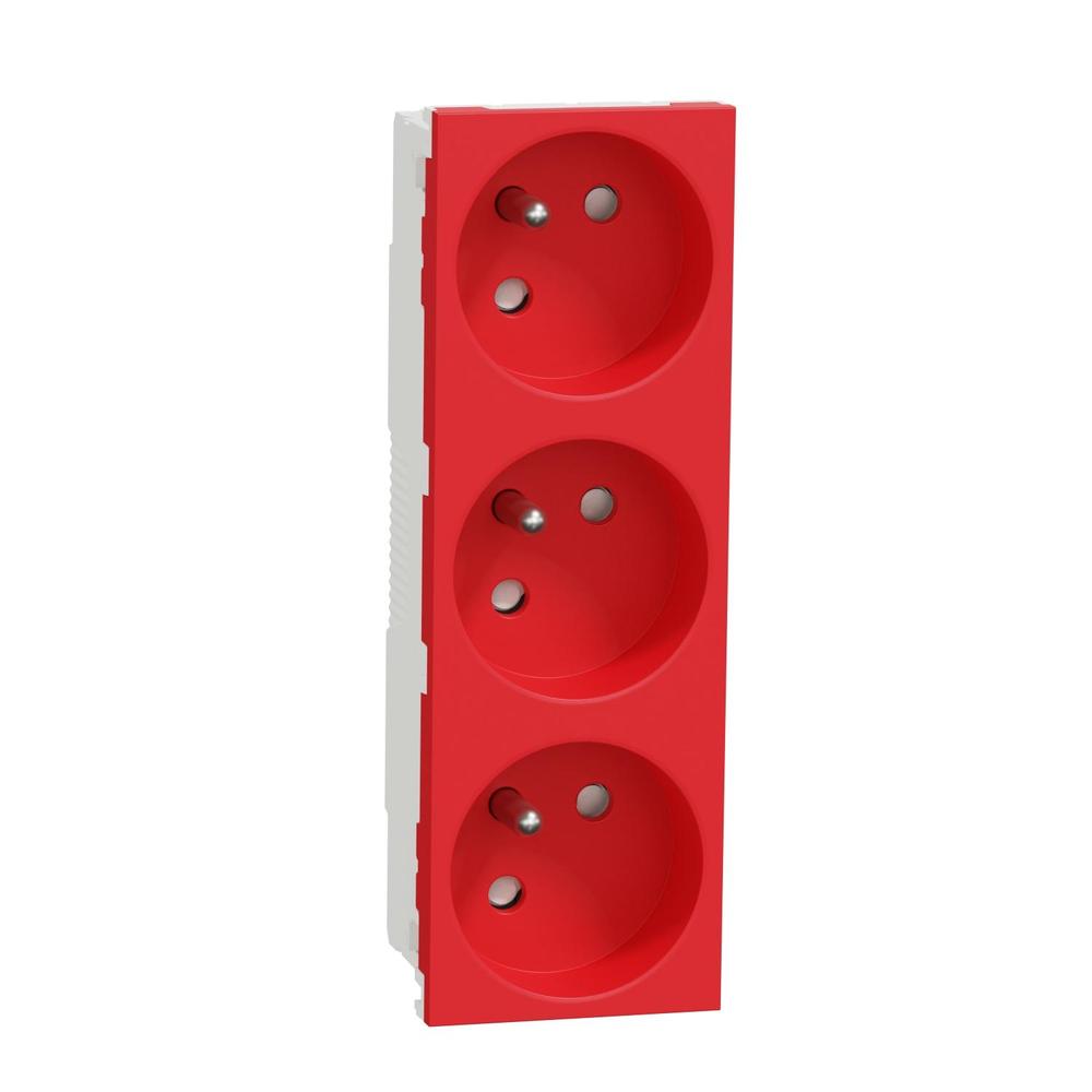 Unica - Zásuvka trojitá 45º 250V/16A 3x2P+E, clonky, bezšroubová, Červená
