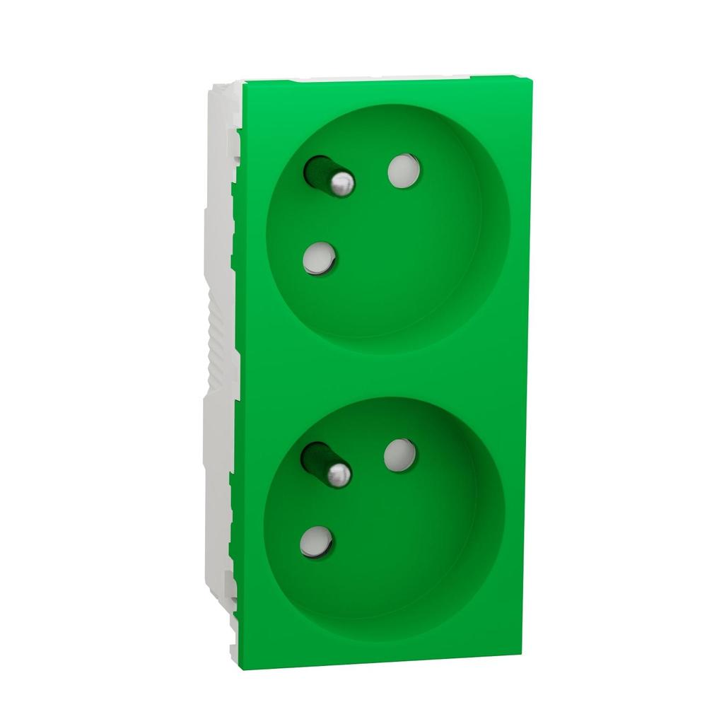 Unica - Zásuvka dvojitá 45º 250V/16A 2x2P+E, clonky, bezšroubová, Zelená