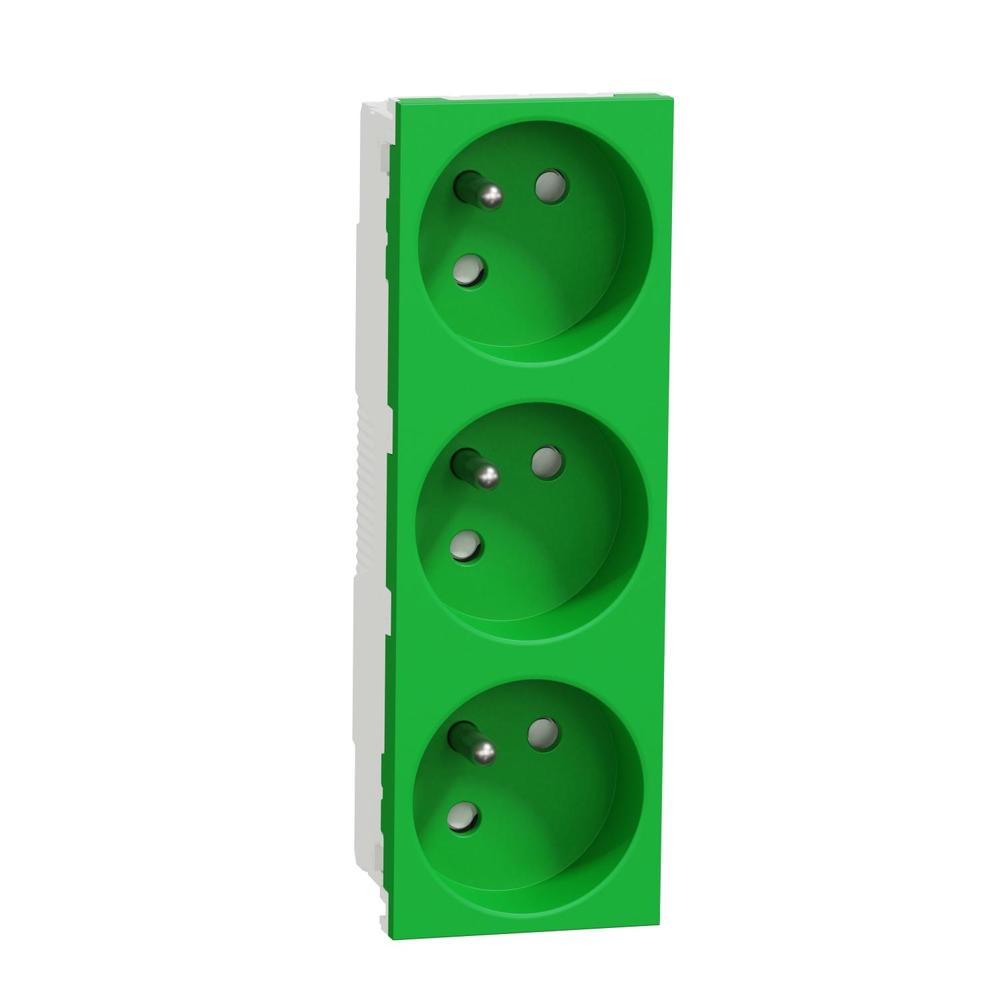 Unica - Zásuvka trojitá 45º 250V/16A 3x2P+E, clonky, bezšroubová, Zelená