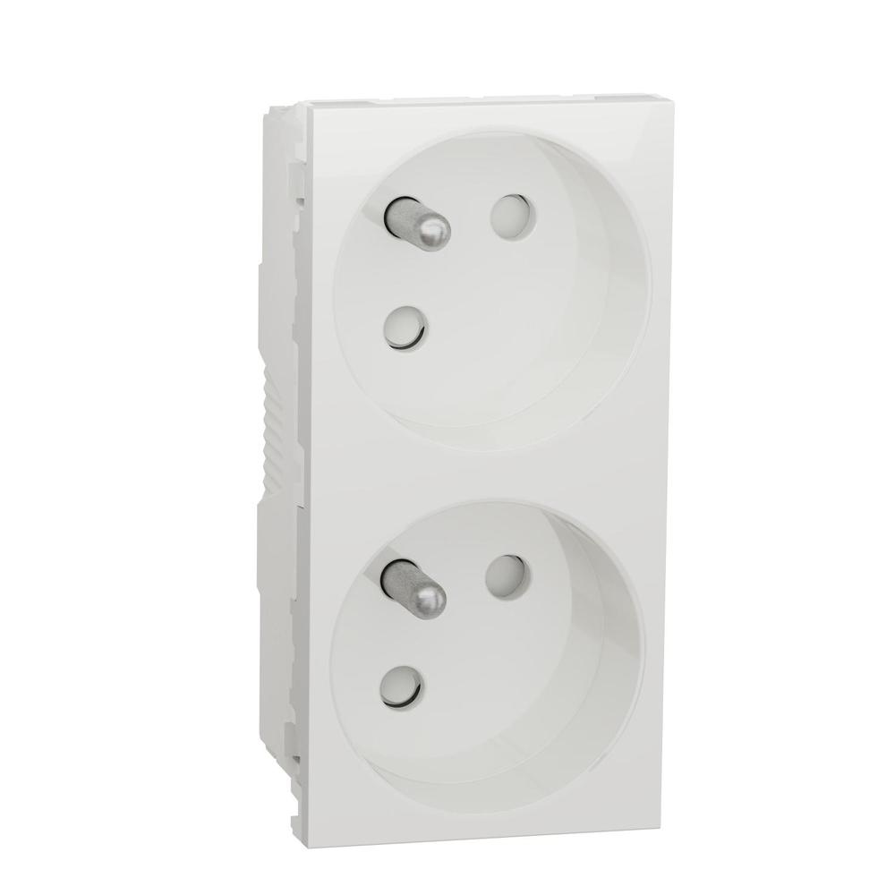 Unica - Zásuvka dvojitá 45º 250V/16A 2x2P+E, clonky, bezšroubová, Bílá