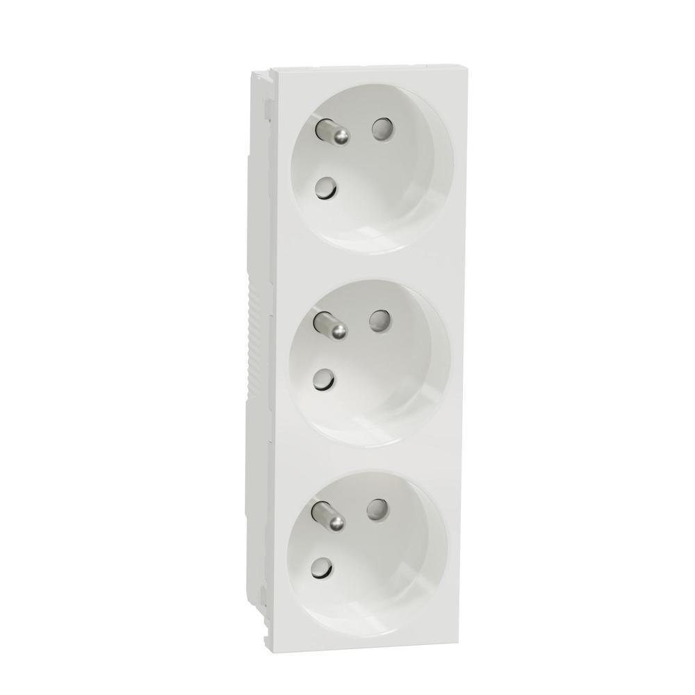 Unica - Zásuvka trojitá 45º 250V/16A 3x2P+E, clonky, bezšroubová, Bílá