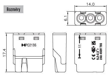 1014681 Svorka krabicová miniaturní PC213S bezšroubová 3x 0,2-2,5 mm2, transparentní/oranžová