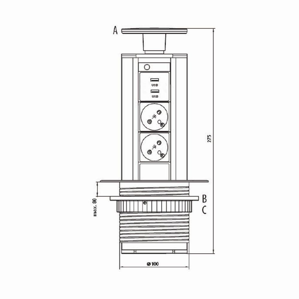 Přípojný zásuvkový sloupek pro desku stolu 2x 230V + 2x USB 1000mA