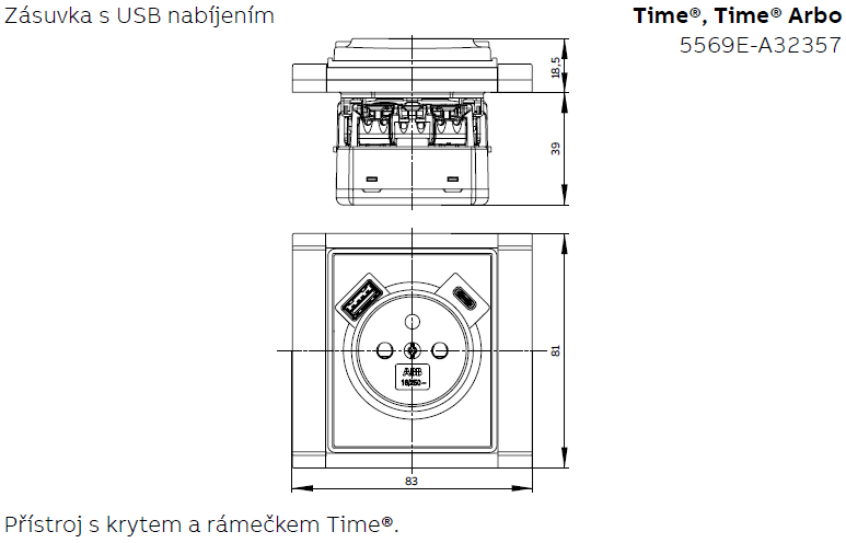 5569E-A32357 08 Zásuvka 1násobná s kolíkem, s clonkami, s nabíjením USB-A, USB-C (2CHE693257A4008)