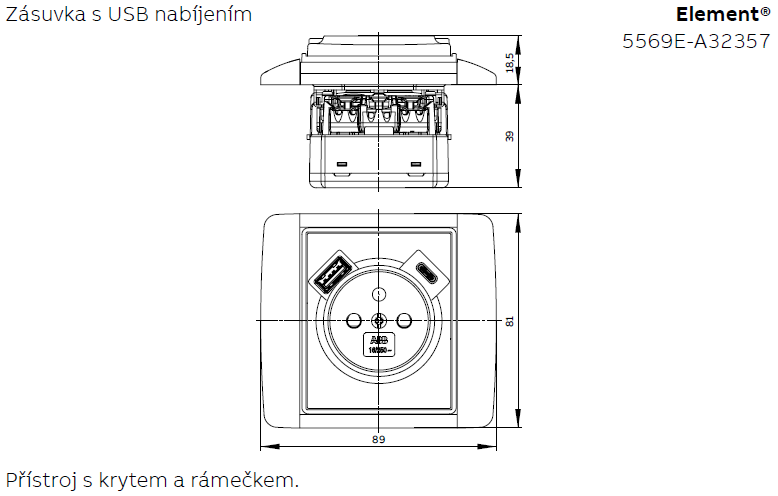 Zásuvka 1násobná s kolíkem, s clonkami, s nabíjením USB-A, USB-C
