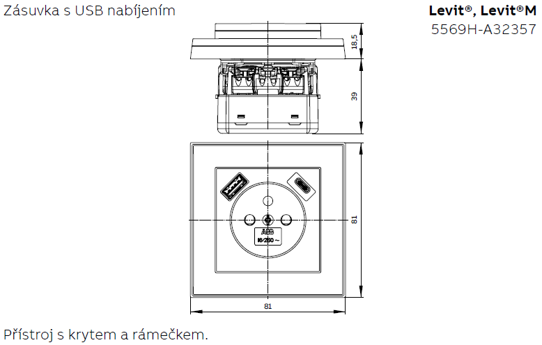 Zásuvka 1násobná s kolíkem, s clonkami, s nabíjením USB-A, USB-C