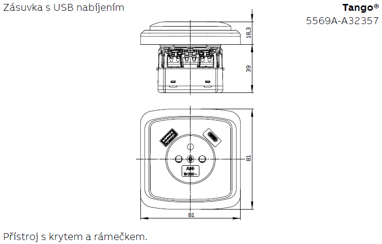 Zásuvka 1násobná s kolíkem, s clonkami, s nabíjením USB-A, USB-C