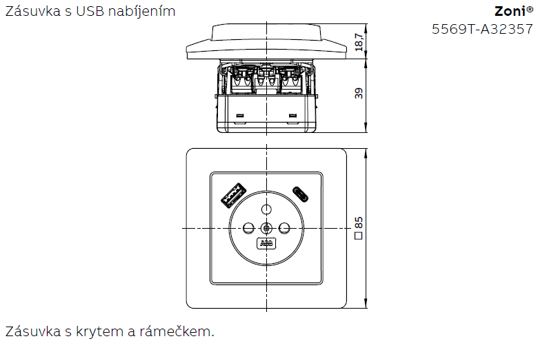 Zásuvka 1násobná s kolíkem, s clonkami, s nabíjením USB-A, USB-C