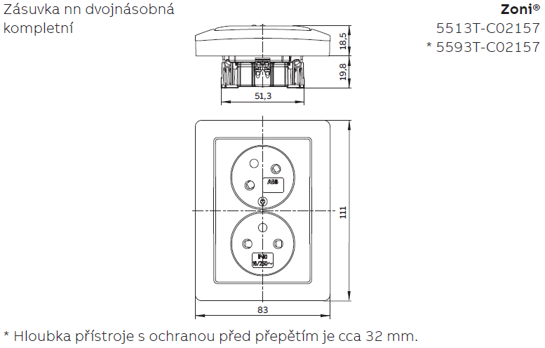 Zásuvka dvojnásobná s ochr. kolíky, s clonkami, s natočenou dutinou
