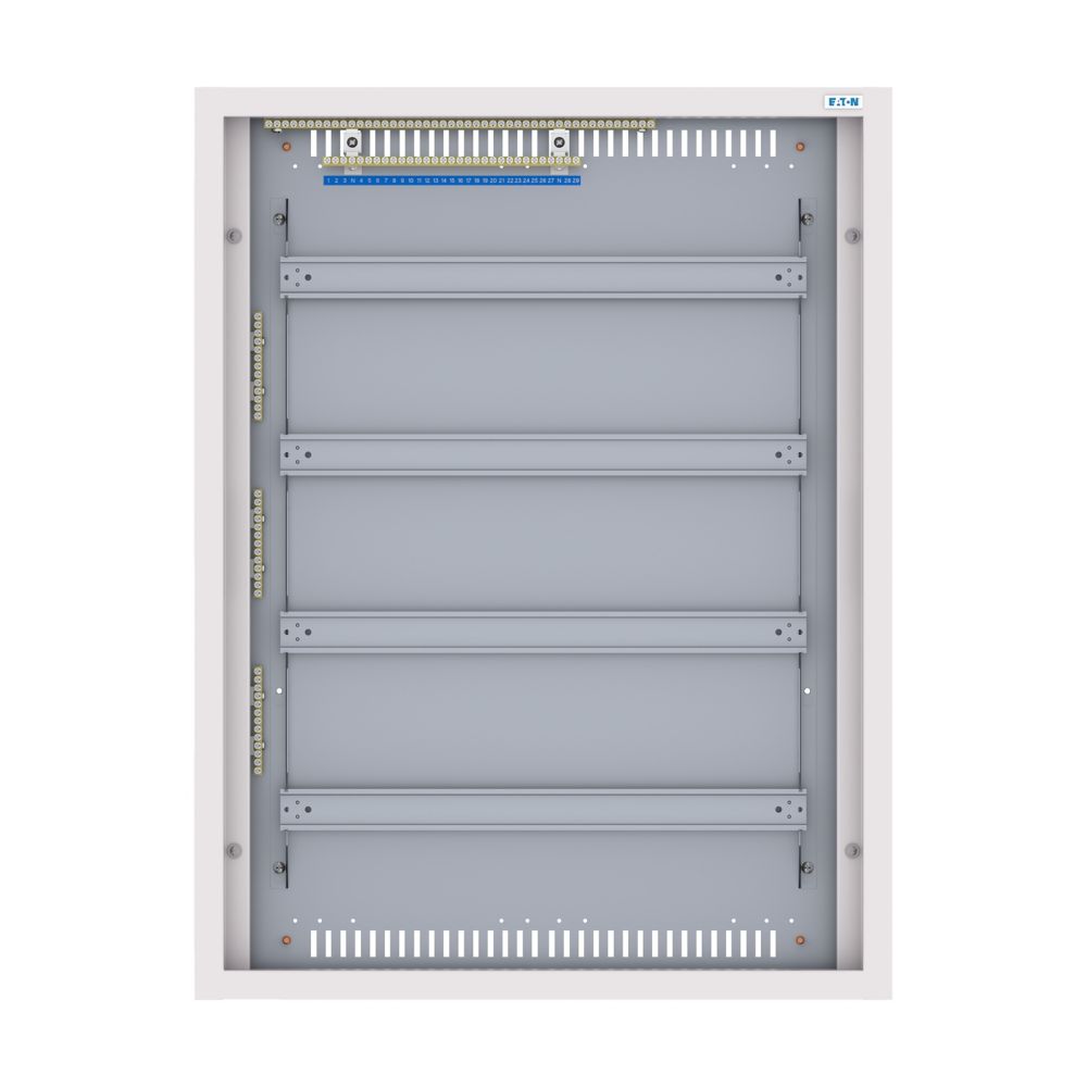 Eaton BF-U-3S-4/96-D125 – vnitřní konstrukce rozvodnice s DIN lištami a svorkovnicemi. Otevřená rozvodnice Eaton BF-U-3S-4/96-D125 s montážní konstrukcí a DIN lištami pro jističe a další modulární přístroje.