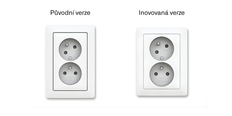 Porovnání dvojzásuvky ABB Zoni – původní verze 5513T-C02357 a inovovaná verze 5513T-C02157 vedle sebe.